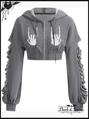 Skeleton Skull Graphic Hoodie Drop Shoulder Zipper Crop Top